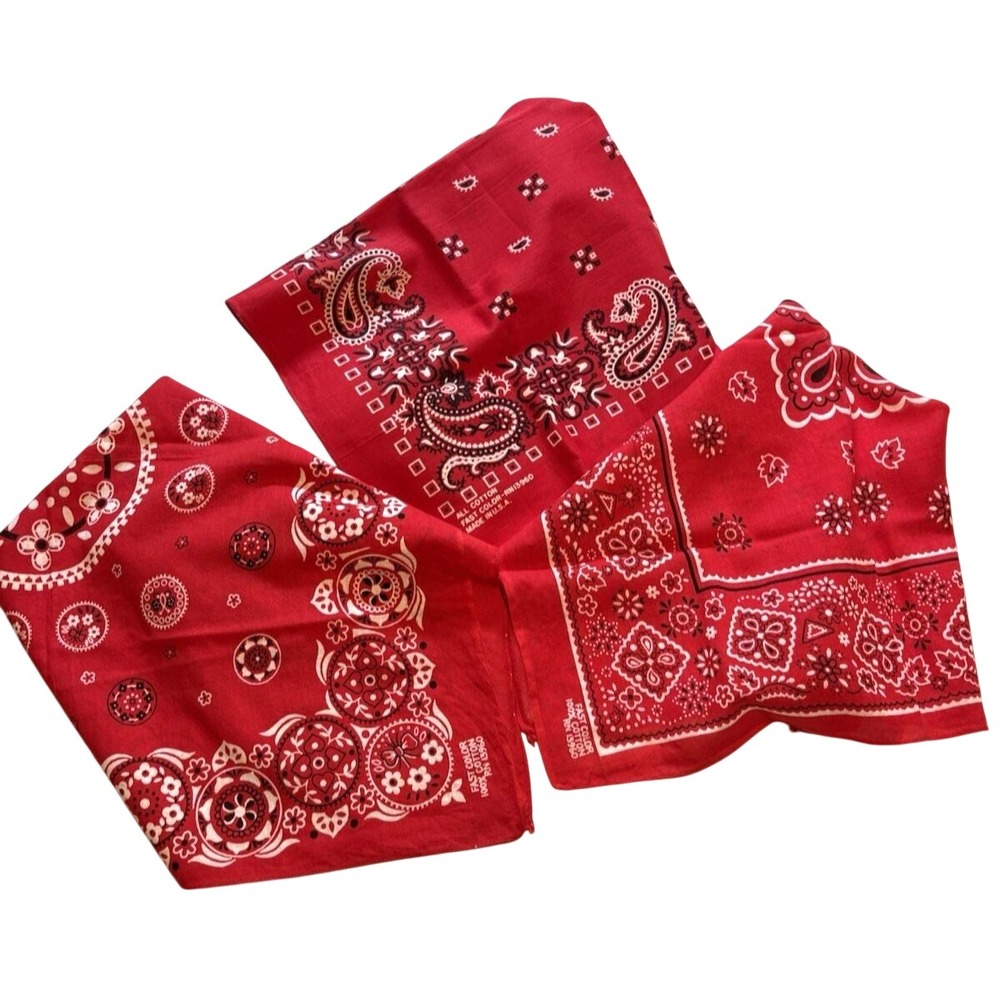 Vintage 1940s All Cotton Fast Color Bandana Lot of 3 Red Paisley Floral RN 13960